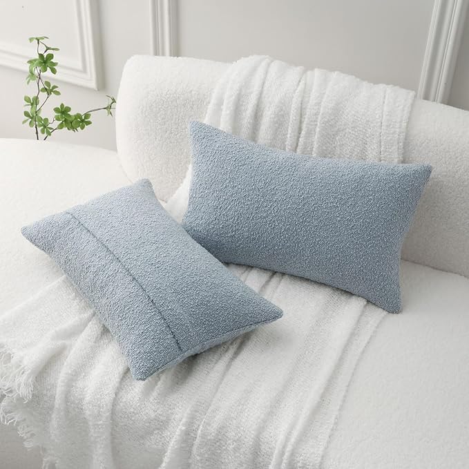 FUTEI Pack of 2 Dusty Blue Decorative Throw Pillow Covers 12x20 Inch Soft Cozy Solid Boucle Textured Lumbar Pillow Cases,Modern Home Decor for Couch Bed Living Room
