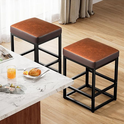Counter Height Bar Stools Set of 2, 24" Barstools for Kitchen Countertop, Faux Leather Counter Stools with Thick Square Seats & Sturdy Metal Base, Simple Assembly, Black