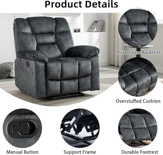 EBELLO Set of 2 Manual Recliner Chair for Adults with Soft Padded Headrest and Backrest, Overstuffed Single Recliner Sofa Chair for Living Room, Green Grey