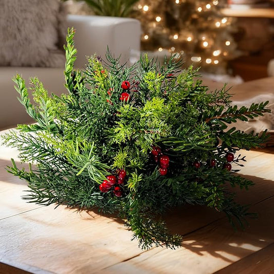 2PCS Christmas Artificial Pine Needles Branches Table Decor with Red Berry Pine Cones Greenery Stems Christmas Artificial Greenery Floral Arrangements for Garland Wreath