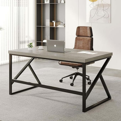 HSH Gray Computer Desk, Industrial Wood and Metal Home Office Desk, Farmhouse Rustic PC Laptop Desk for Executive Work Writing Study Gaming, Modern Simple Bedroom Computer Table, Light Grey Oak, 55 In