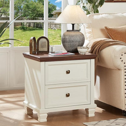 Farmhouse Nightstand Set of 2, Rustic Low Nightstands with 2 Drawers & Charging Station, Vintage Night Stands with 4 Square Solid Wood Legs, Small Dresser for Bedroom, Home, White