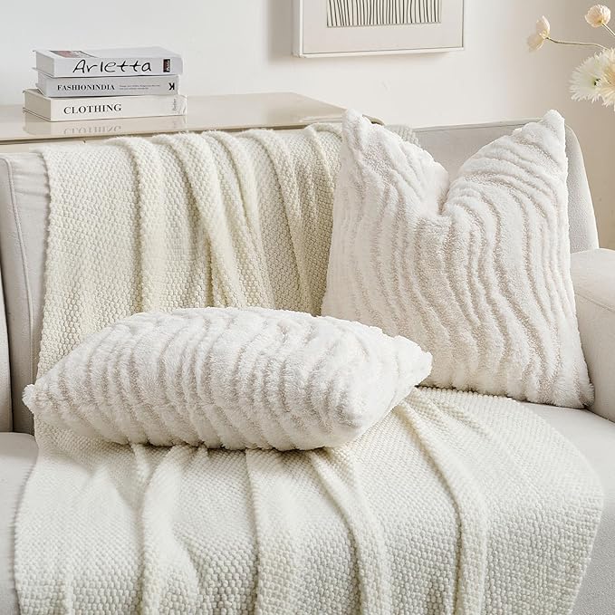 FUTEI White Decorative Throw Pillow Covers 18x18 Inch Set of 2,Soft Faux Fur Geometric Shapes Texture Cushion Case,Boho Home Decor for Couch Bed Living Room