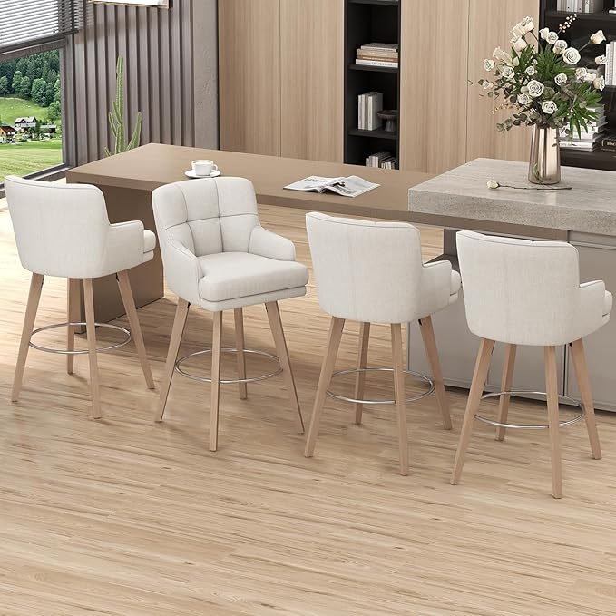 360°Swivel Counter Height Bar Stools with Back, 30 inch Solid Wood Legs, Bar Stool Modern Kitchen Island Chairs, Fabric (Beige- Fabric, 30" H- Set of 4)
