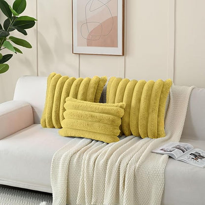 FUTEI Mustard Yellow Decorative Throw Pillow Covers 12x20 Inch Set of 2, Square Soft Faux Rabbit Fur Big Striped Cushion Cover,Home Decor for Couch Sofa Bed Living Room
