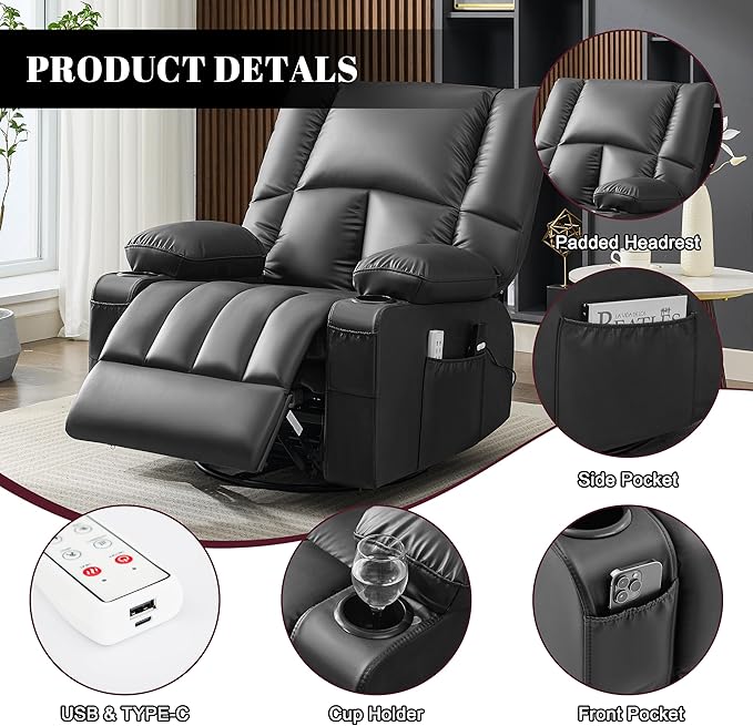 Swivel Rocker Chair with Heat and Massage, 270° Power Recliner Chairs for Adults, USB and Type-C Ports, Oversized Recliner Single Sofa, Electric Glider Chair(Black)