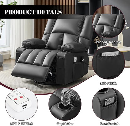 Swivel Rocker Chair with Heat and Massage, 270° Power Recliner Chairs for Adults, USB and Type-C Ports, Oversized Recliner Single Sofa, Electric Glider Chair(Black)