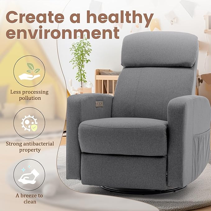 Power Swivel Recliner Chairs for Adults, Electric Glider Rocking Chair Nursery, Glider Recliner Nursery Chair with Classified Side Pocket, Nursery Rocking Chairs with USB and Type-C Ports