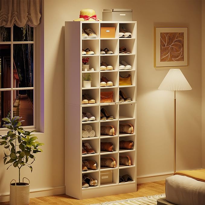Tribesigns 10-Tier Shoe Storage Cabinet, White Wooden Shoe Rack with 30 Cubbies, Freestanding Tall Entryway Shoe Organizer for Closet, Entryway, Living Room