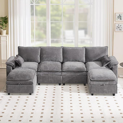 130" U Shaped Modular Sectional Sofa, Couch with Ottoman Storage, Chenille Cloud Couch with Plush Deep Seating for Living Room, Bedroom (6 Seat, Light Grey)