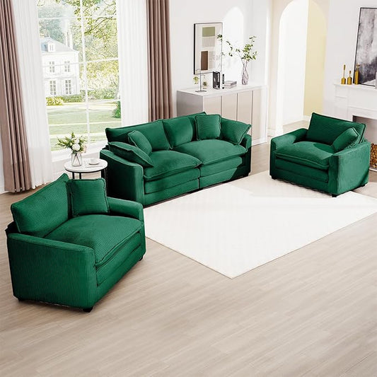 mikibama Luxury 3 Piece Sofa Set, Loveseat Couch & 2 Single Sofa Set, Modern Corduroy Comfy Cloud Couches Set for Living Room Office with 2 Armrest Pillows and 4 Toss Pillows, Green