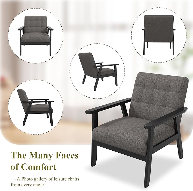 Westice Accent Chair 1PC, Mid-Century Modern Living Room Chairs with Solid Wood Frame & Soft Thicken Cushion, Upholstered Arm Reading Chair for Bedroom, Balcony, Grey Linen Fabric & Black Legs