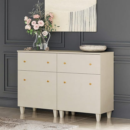 WAMPAT Storage Cabinets with Drawers and Doors, 2-in-1 Living Room Beige Wood Side Cabinets Floor Storage Organizer with Adjustable Shelf for Dining Room, Kitchen, Entryway, Hallway, 47.2x15.3x32.4