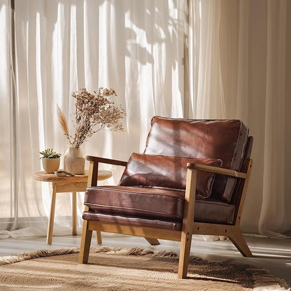 VINGLI Solid Wood Wide Armrests Accent Chair,Upholstered Mid Century Modern Chair with Pillow,Comfy Reading Chair Farmhouse Arm Chair,Chairs Living Room,Bedroom,Guest Room,PU Leather,Dark Brown