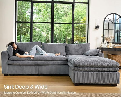 Belffin Large Modular Sectional Sofa with Deep Chaise, Corduroy U Shaped Couch with 9" Soft Dual-Layer 7 Seats Cushion for Living Room, Apartment, Light Grey