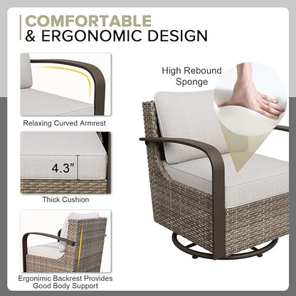 COOS BAY Aurora Terrace Half-Moon Outdoor Furniture Set, Rattan Conversation Set with Swivel Rockers, Curved 5-Seat Sofa, Coffee Table & Side Table, Seats 7, Beige/Beige