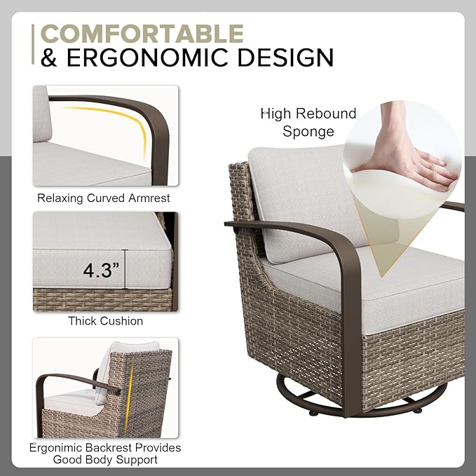 COOS BAY Aurora Terrace Half-Moon Outdoor Furniture Set, Rattan Conversation Set with Swivel Rockers, Curved 5-Seat Sofa, Coffee Table, Seats 7, Beige/Beige