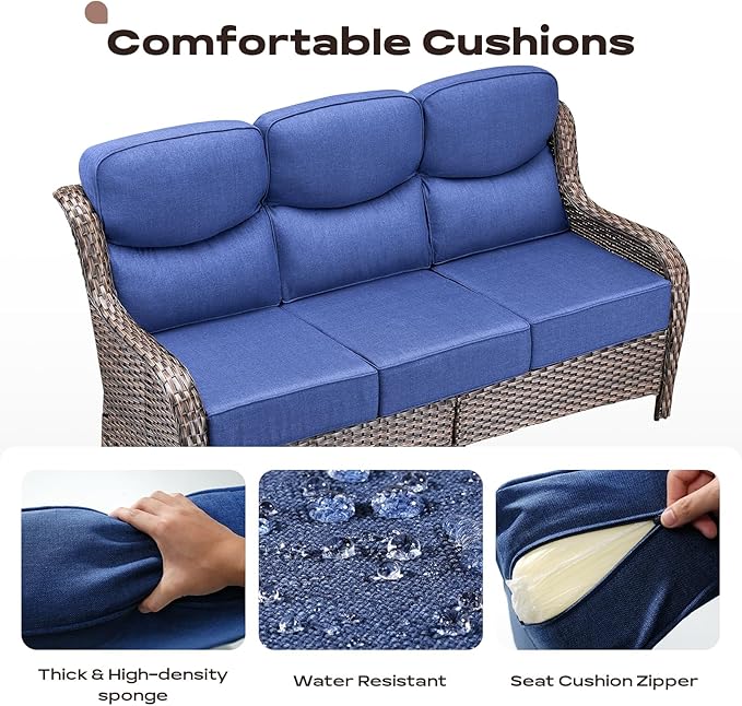 Rilyson Wicker Outdoor Patio Furniture Set - 5 Piece Patio Conversation Sets with Swivel Rocker Chairs, Ottomans and Sofa, 6 inch Cushions, Waterproof Wicker, for Porch Deck Brown/Blue