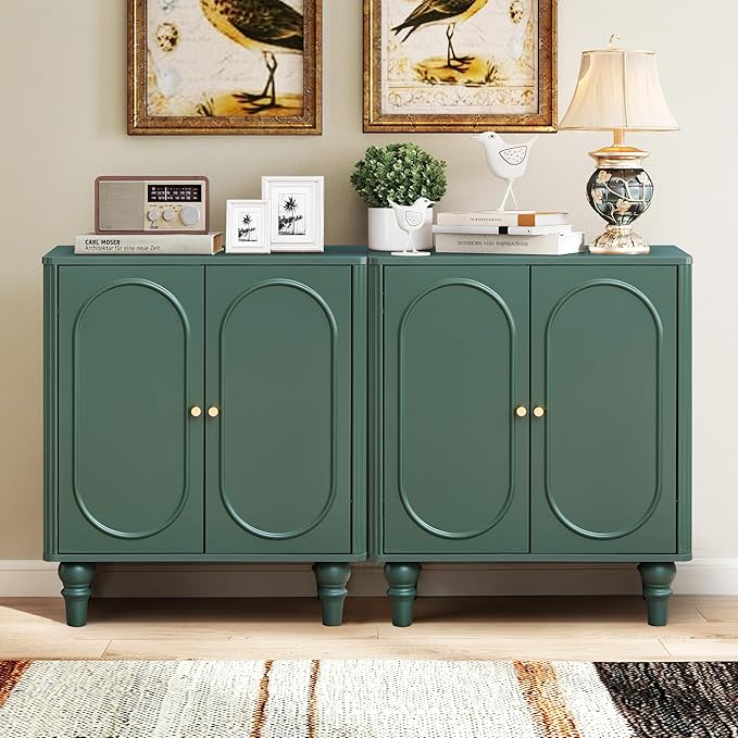 ORRD Fluted Storage Cabinet, Modern Credenza Wooden Accent Sideboard Buffet Cabinet Set of 2 with Adjustable Shelves and Solid Wood Legs, Console Table for Kitchen Dining Living Room Entryway, Green
