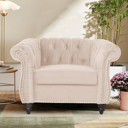 2 Piece Living Room Furniture Set, Velvet Loveseat and Chair Set, Mid Century Modern Upholstered Sofa Couch with Cushions, Comfy Tufted Chesterfield Couches for Living Room, Bedroom, Office