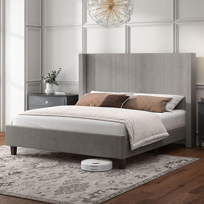 HOWE King Size Upholstered Platform Bed Frame, Wingback Bed with 50.8" Headboard, Corduroy/Solid Wood Leg/No Box Spring Needed/Noise Free/Taupe