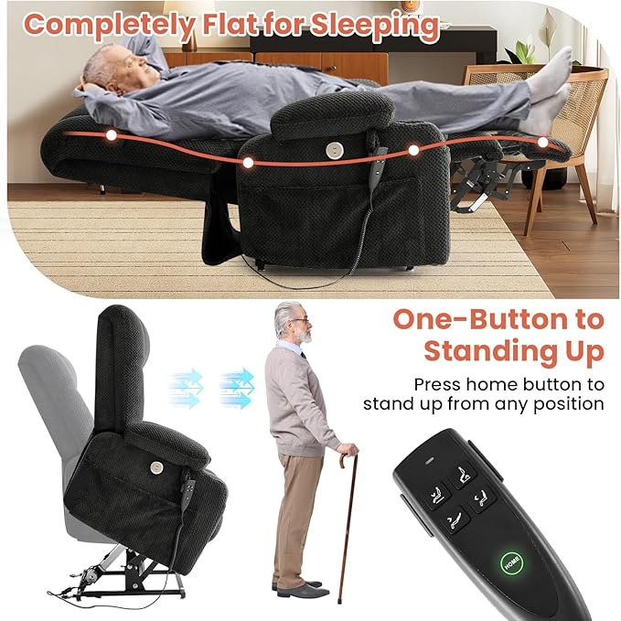 Power Lift Recliner Chair for Adults Oversized Infinite Position Lift Chair for Elderly W/Massage & Heat, Lay Flat Recliner, One-Touch Reset, Cup Holders, Lumbar Pillow, Fabric (Premium, Dark Grey)