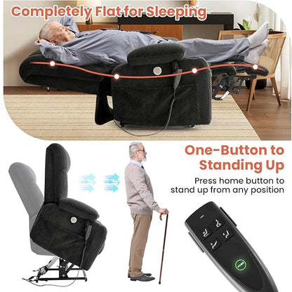 Power Lift Recliner Chair for Adults Oversized Infinite Position Lift Chair for Elderly W/Massage & Heat, Lay Flat Recliner, One-Touch Reset, Cup Holders, Lumbar Pillow, Fabric (Premium, Dark Grey)
