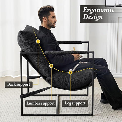 Furniliving Sling Accent Chair with Metal Frame, Comfortable Boucle Fabric Arm Chair, Upholstered Cozy Reading Chair for Living Room, Bedroom, Dressing Room, Home Office, Black