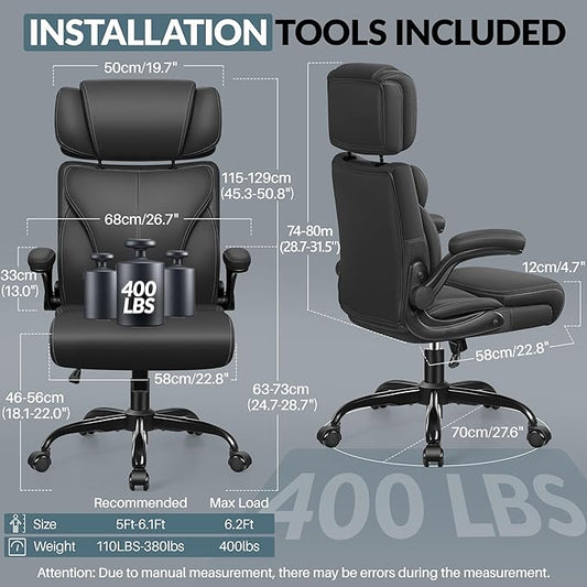 Office Chair, Ergonomic Big and Tall Computer Desk Chair with Retractable Adjustable Headrest, Executive Breathable Leather Chair, Lumbar Support Swivel PC Chair with Flip-up Armrests Rocking Function