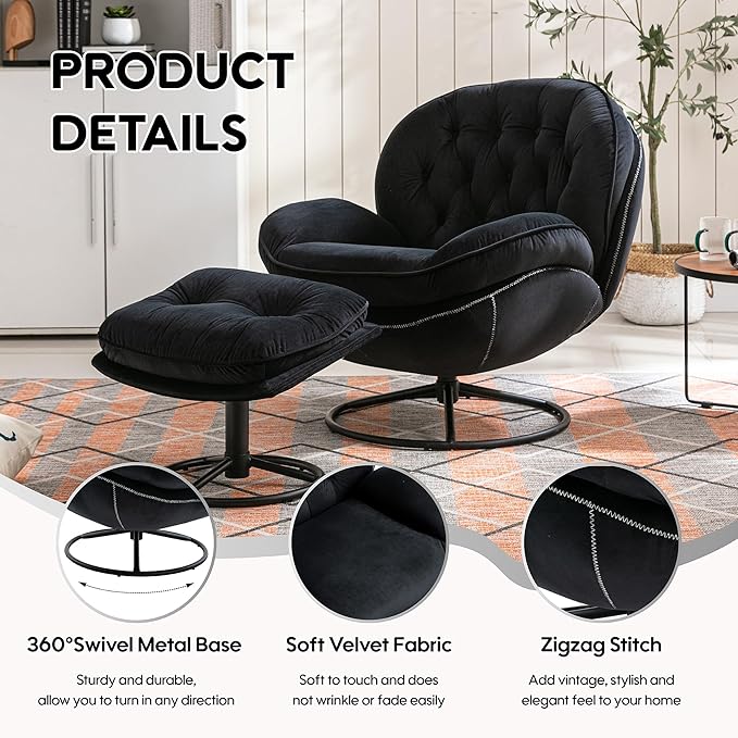 360° Swivel Modern Velvet Accent Chair with Ottoman | Mid-Century Button Tufted Lounge Chair for Living Room & Bedroom, Black