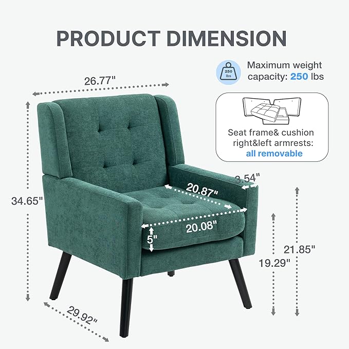 Mid-Century Modern Accent Chair, Plush Linen Fabric with Button Tufted High Back & 5" Thick Cushion, High Comfort Reading Chair for Living Room, Bedroom, Office (Green)