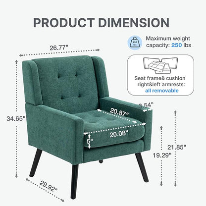 Mid-Century Modern Accent Chair, Plush Linen Fabric with Button Tufted High Back & 5" Thick Cushion, High Comfort Reading Chair for Living Room, Bedroom, Office (Green)