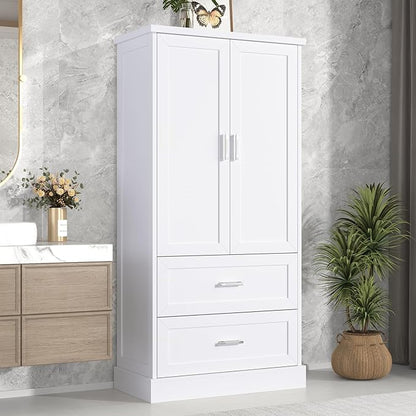 Polibi Tall Storage Cabinet with 2 Doors, 2 Drawers, 4-Tier Storage Racks of Each Door, Adjustable Shelf, Floor Free-Standing Cabinet for Bathroom, Living Room, MDF, White