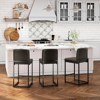 ALPHA HOME 24 Inch Bar Stools, Kitchen Counter Stools with Backs, PU Leather Barstools, Kitchen Stools with Back&Upholstered Footrest, Sturdy Chromed Metal Steel Frame, Grey