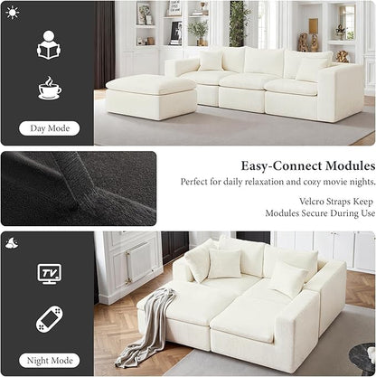 108" Sectional Couches for Living Room Boneless Couch Upholstered Cloud Couch Sectional Modular Sectional Sofa with L Shaped (Chenille-White, 3 Seat+1 Ottoman)