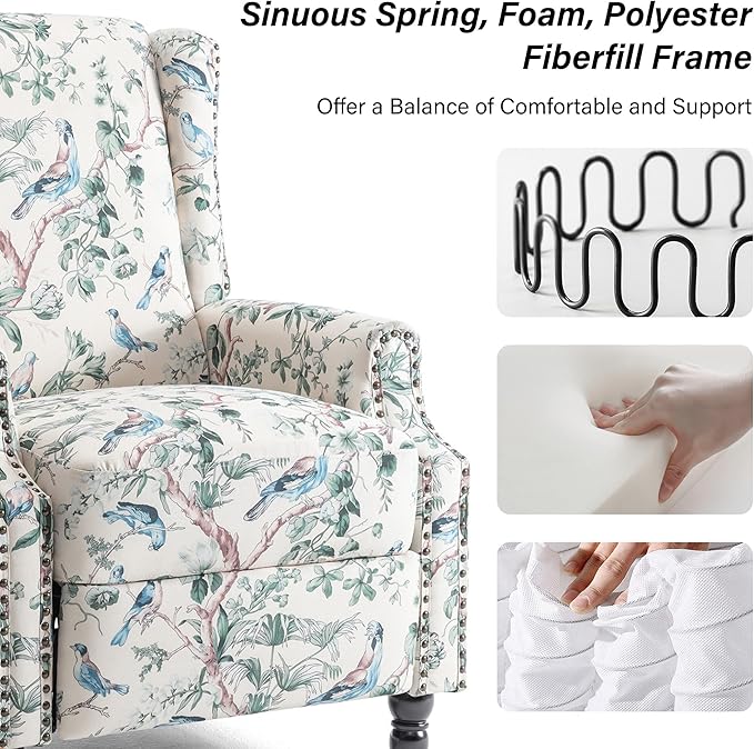 Recliner Chair, Upholstered Wingback Floral Pushback Armchair with Adjustable Backrest & Footrest, Comfy Accent Chair Reading Single Sofa for Small Spaces, Living Room, Bedroom