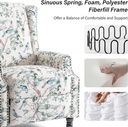 Recliner Chair, Upholstered Wingback Floral Pushback Armchair with Adjustable Backrest & Footrest, Comfy Accent Chair Reading Single Sofa for Small Spaces, Living Room, Bedroom