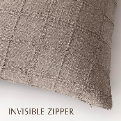 Foindtower Set of 2 Decorative Linen Check Throw Pillow Covers Neutral Farmhouse Vintage Cushion Covers Modern Boho Home Decor for Sofa Chair Couch Bedroom Living Room,16×16 Inch,Tan Taupe