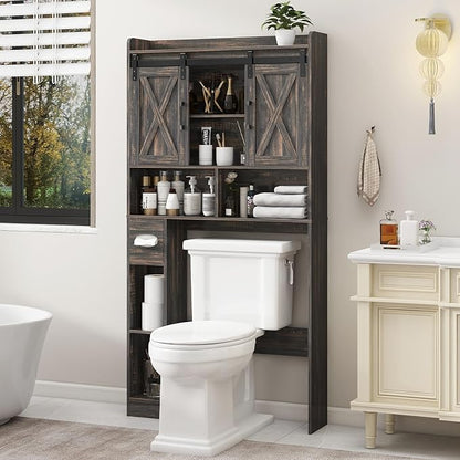 Vabches Over The Toilet Storage Cabinet, Farmhouse Storage Cabinet Over Toilet with Sliding Door& Toilet Paper Holder Stand，Home Space-Saving Toilet Rack, for Bathroom, Laundry and Restroom