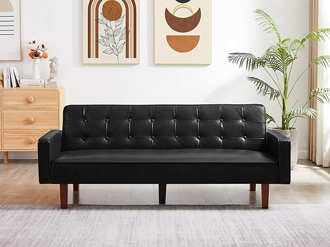74" Loveseat Sofa with Vintage Button Tufting, Faux Leather Convertible Sleeper Futon Sofa Bed with Spring Cushion and Wood Legs for Apartments, Offices, Reception Areas, Living Rooms, Black