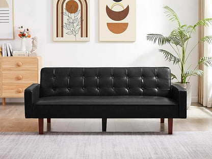 74" Loveseat Sofa with Vintage Button Tufting, Faux Leather Convertible Sleeper Futon Sofa Bed with Spring Cushion and Wood Legs for Apartments, Offices, Reception Areas, Living Rooms, Black