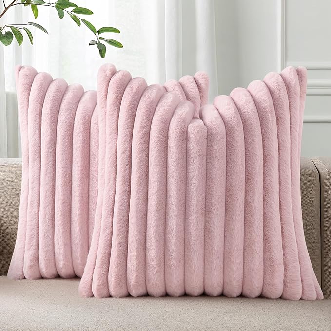 Pallene Faux Fur Plush Throw Pillow Covers 20x20 Set of 2, Luxury Soft Fluffy Striped Decorative Pillow Covers for Sofa, Couch, Living Room, Blush Pink