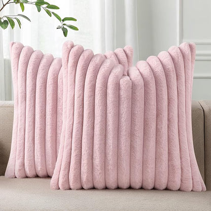 Pallene Faux Fur Plush Throw Pillow Covers 20x20 Set of 2, Luxury Soft Fluffy Striped Decorative Pillow Covers for Sofa, Couch, Living Room, Blush Pink