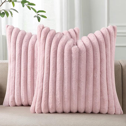 Pallene Faux Fur Plush Throw Pillow Covers 26x26 Set of 2, Luxury Soft Fluffy Striped Decorative Pillow Covers for Sofa, Couch, Living Room, Blush Pink