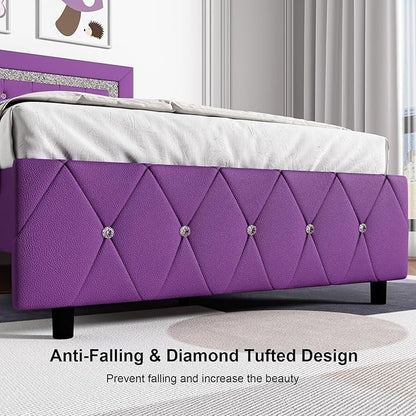 BarnFurin Twin Bed Frame with Headboard, Upholstered Bed with Diamond Tufted Design, No Box Spring Needed, Wooden Slats Support, Easy Assembly, Purple