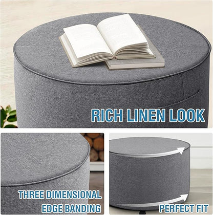 H.VERSAILTEX Round Ottoman Cover Thick Linen Look Ottoman Slipcover Round Ottoman Storage Cover Folding Stool Covers Furniture Protector Cover for Footrest Ottoman Fit Dia 24" - 26", Heather Grey