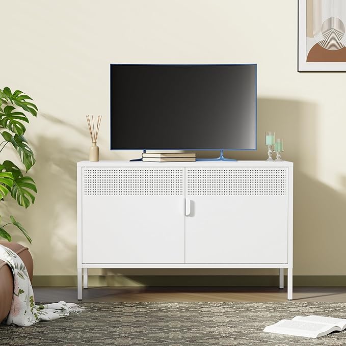 White Metal Locker Storage Cabinet with Adjustable Shelf, Low Metal Storage Cabinet for Home Office, 2 Door Small Decorative Metal Locker Tv Stand Cabinet