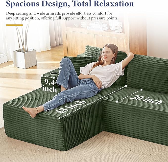 134''Oversized Modular Sectional Sofa Boneless Cloud Couch with Chaise Comfy Sectional Couches for Living Room,Bedroom,Apartment (Green, 134''W U-Shaped)