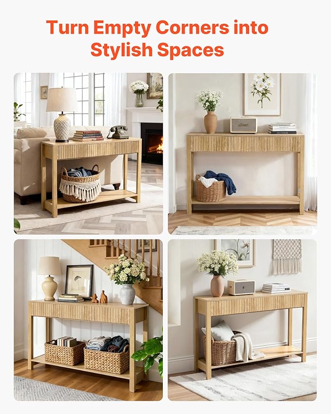 VEVOR 47 in Console Table, Farmhouse Desk Behind The Couch with Drawers and Bottom Storage Shelf, Wooden Rectangle Entrance Narrow Sofa Table for Hallway, Bedroom, Living Room, Foyer, Burlywood
