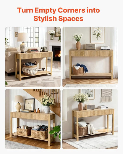 VEVOR 47 in Console Table, Farmhouse Desk Behind The Couch with Drawers and Bottom Storage Shelf, Wooden Rectangle Entrance Narrow Sofa Table for Hallway, Bedroom, Living Room, Foyer, Burlywood